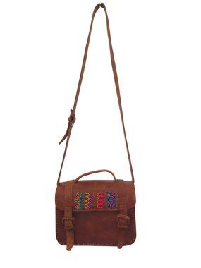 Mexican Handmade Brown Leather Crossbody Satchel Bag w/ Colorful Woven Accent